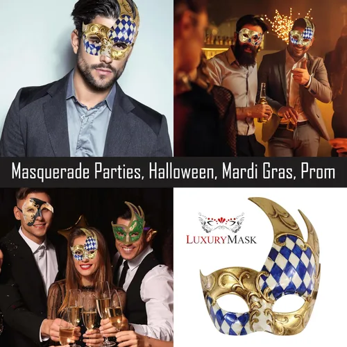 Vista 7 de Luxury Mask Máscara de mascarada para hombre, diseño vintage a cuadros musicales para Mardi Gras, baile de graduación y fiesta de máscaras