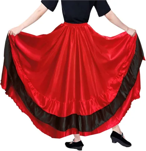 Vista 2 de BACKGARDEN Falda larga de satén con capas negras y rojas para mujer, para flamenco español, danza del vientre, ballet mexicano, actuación folklórica