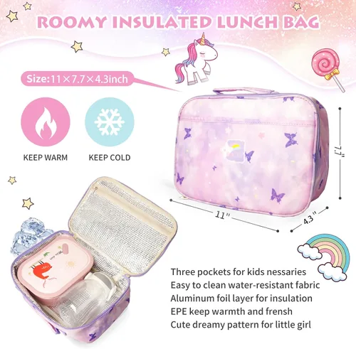 Vista 4 de Mochilas para niñas, escuela, lindas mochilas para niños, con lonchera aislada, juego para la escuela primaria, púrpura (Butterfly Purple), Urbano