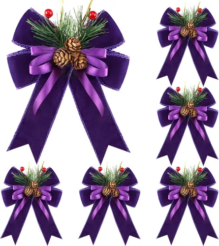 Vista 14 de Syhood - 6 lazos de Navidad a cuadros con piñas de pino, cintas de terciopelo negro, para corona de árbol de Navidad, decoración de fiestas
