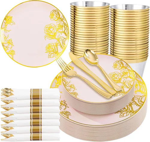 Vista 11 de DaYammi Juego de 210 platos de plástico desechables dorados para bodas y fiestas Marrón