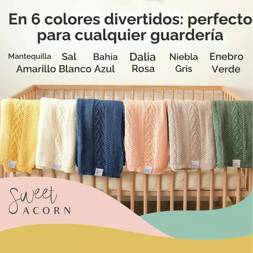 Vista 7 de Manta de bebé tejida Sweet Acorn en patrón de cable, mantas de algodón orgánico para cuna o cochecito, mantas de recepción - Azul Bahía