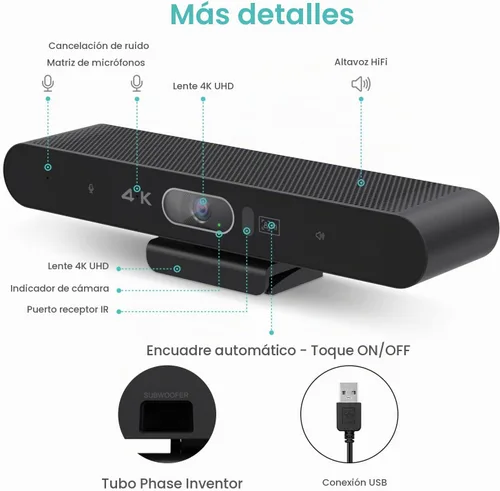 Vista 6 de Cámara de sala de conferencias de audio y video 4K Pro con control remoto para Windows TV, cámara web HD alimentada por IA con micrófono y altavoz