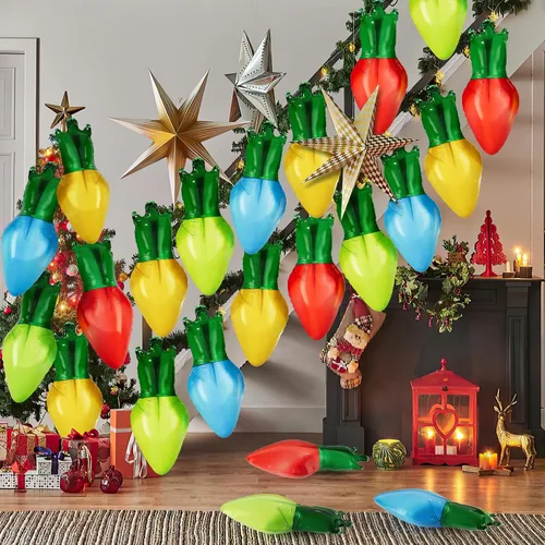 Vista 2 de DBKL 60 globos de Navidad – Globos de aluminio de bombilla de Navidad en rojo, azul, dorado y verde para decoraciones de fiesta de Navidad