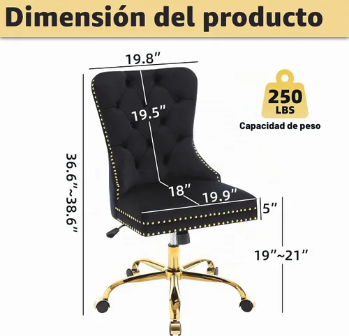 Vista 2 de ABET - Silla giratoria de terciopelo para escritorio, respaldo alto copetudo, sin brazos dorados, color negro