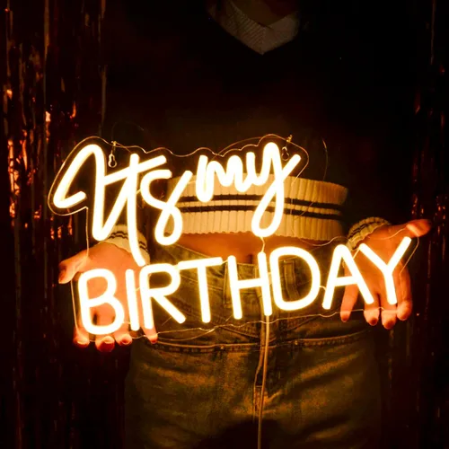 Vista 9 de Planzo Letrero de luz LED de neón con texto en inglés "It's My Birthday", letrero de pared para decoración de ventana, letrero USB para dormitorio