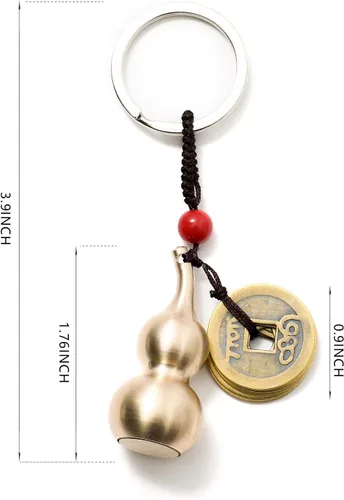 Vista 3 de Monedas de Feng Shui con llavero de latón Calabash Wu Lou para viajes de longevidad, con seguridad, riqueza, porsperidad, éxito y buena suerte