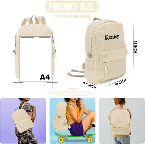 Vista 5 de Mochila de pana personalizada Mochila universitaria personalizada con nombre, Caqui, Casual