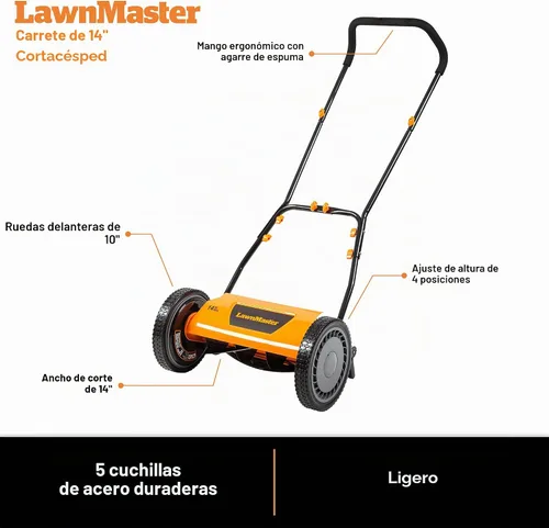Vista 6 de LawnMaster LMRM1401 - Cortacésped con carrete de empuje (14 pulgadas, 5 cuchillas)