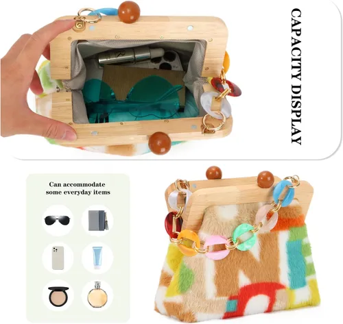 Vista 4 de Bolso de hombro de felpa de moda para mujer, bolso de noche con cierre de beso, suave y esponjoso, bolso de mano para fiesta de boda