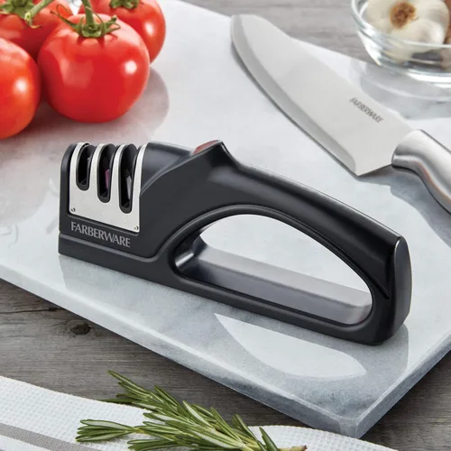 Vista 2 de Farberware EdgeKeeper - Afilador de cuchillos de 2 etapas con ranura dentada, varillas de afilar de cerámica, base antideslizante, diseño de mesa