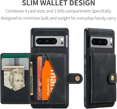 Vista 2 de Funda para Google Pixel 8 Pro 2023, cartera magnética desmontable con ranura para efectivo, soporte de carga inalámbrica con función de soporte Negro