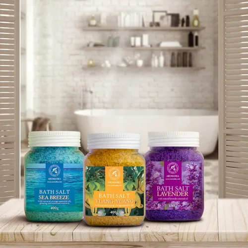 Vista 4 de Juego de sales de baño de 42 onzas - Lavanda - brisa marina - Ylang-Ylang - Aceite esencial 100% natural - Lo mejor para un buen sueño - Alivio