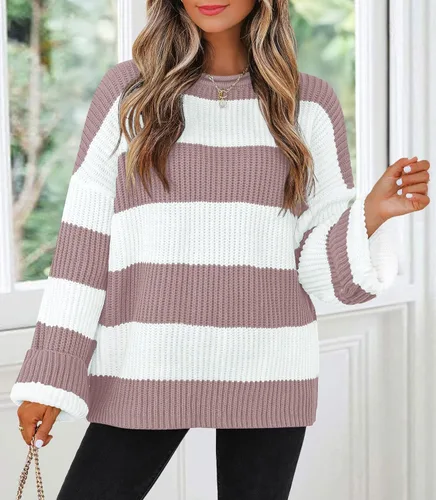 Vista 20 de ZESICA Suéter tejido sin botones de manga larga y cuello redondo, a rayas, bloques de color, cómodo, holgado, talla extragrande para mujer de 2024
