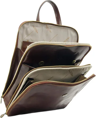 Vista 6 de Mochila de cuero convertible a bolso de hombro hecha a mano para portátiles de hasta 12 pulgadas mochila de día Resistencia al tiempo Marrón oscuro