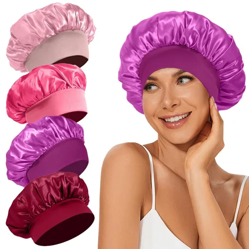 Vista 14 de 4 piezas de gorro de satén de seda, gorro de cabello para dormir, gorro de seda elástica de banda ancha para dormir, suave y transpirable Gorra