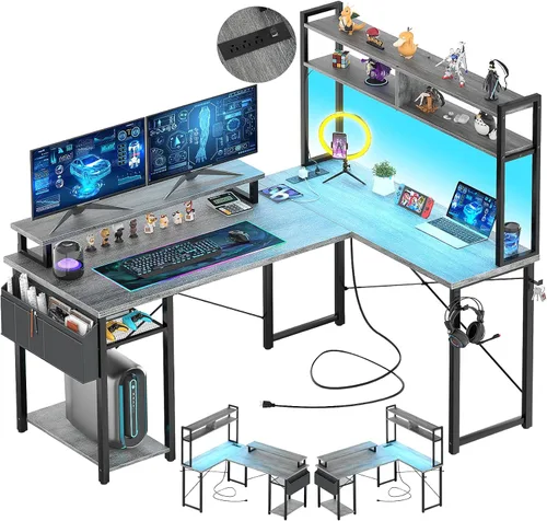 Vista 8 de Aheaplus Escritorio pequeño en forma de L para gaming con luces LED y tomas de corriente, escritorio reversible en forma de L para computadora