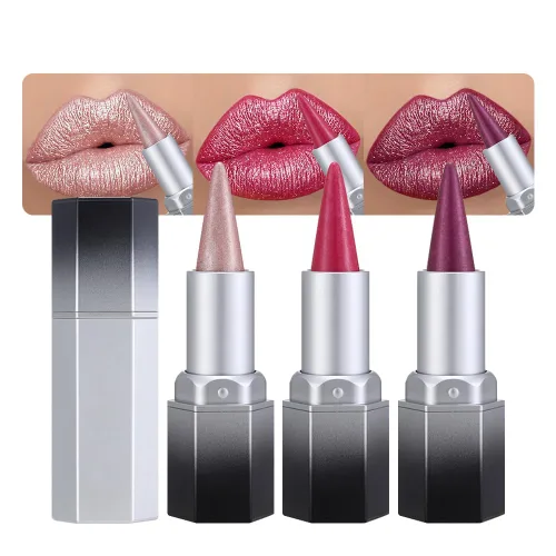 Vista 39 de evpct Combo de delineador de labios metálico rosa brillante y lápiz labial, lápiz labial con punta de cono para mujer, de larga duración