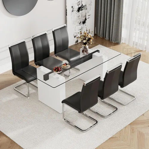 Vista 7 de Juego de mesa de comedor de vidrio de 71 pulgadas para 6, mesa de comedor para 6, mesa de vidrio templado con marco de MDF blanco y 6 sillas