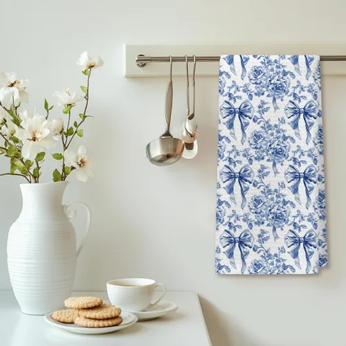 Vista 7 de Chinoiserie - Toallas de cocina florales con lazo coquette, paños de cocina florales azules y blancos para decoración de cocina, toallas de mano