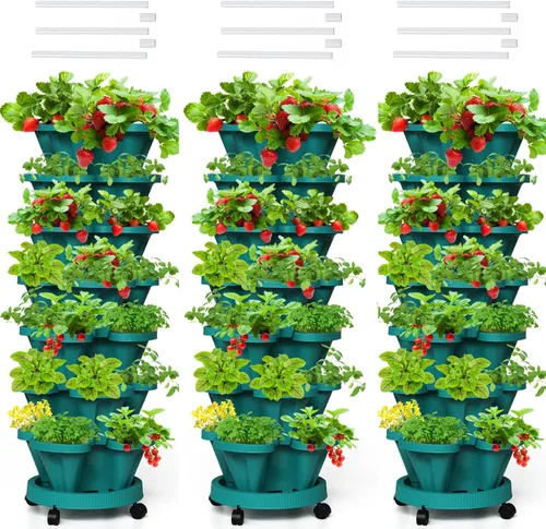 Vista 24 de Macetas verticales de fresa, paquete de 2 unidades, torre apilable de 5 niveles con poste de soporte, macetas apilables para hierbas y verduras