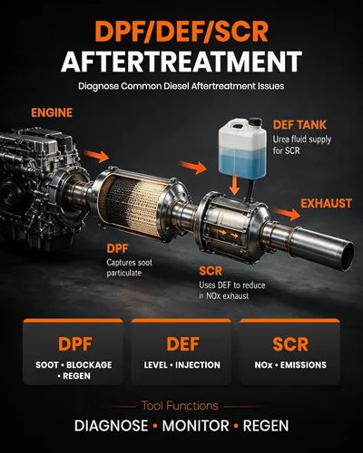 Vista 13 de ANCEL V6HD - Escáner de camión resistente con pruebas bidireccionales, regen DPF, DEF/SCR, codificación de inyector, corte de cilindro, reinicio