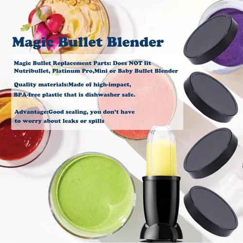 Vista 3 de 4 tapas planas para tapa Magic Bala, piezas de repuesto para licuadora Magic Bull, tapa de plástico negro compatible con vasos Magic Bullet de 250 W