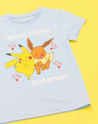 Vista 6 de Pokemon Camiseta para niñas y niños, Pikachu Eevee Friends Game Blue Top
