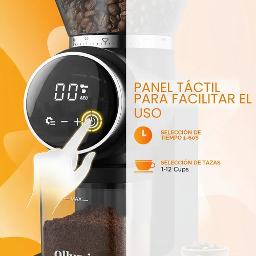 Vista 6 de Ollygrin Molinillo de café eléctrico de rebabas cónicas, molinillo de café con panel táctil con 30 ajustes precisos, molinillo de granos de café