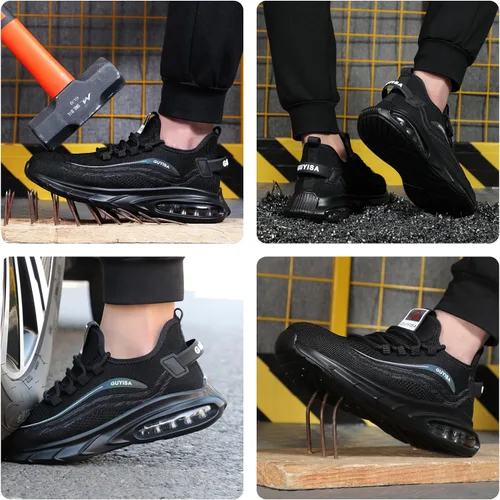 Vista 7 de GLANOUDUN Zapatos de punta de acero para hombre, ligeros, con amortiguación de aire, zapatos de trabajo de seguridad indestructibles, zapatos
