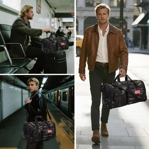 Vista 2 de Bolsa de lona táctica para viajes, expandible de 52 litros, bolsa de lona grande para hombre, bolsa de lona para gimnasio con bolsillo húmedo