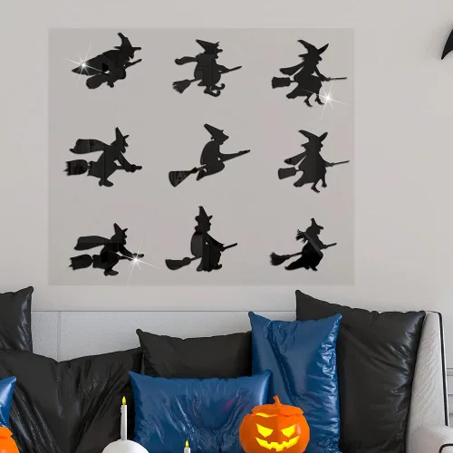 Vista 3 de Calcomanías de pared de bruja de Halloween, calcomanías de pared 3D, decoración para sala de estar, dormitorio, pared, ventana, decoración de espejo