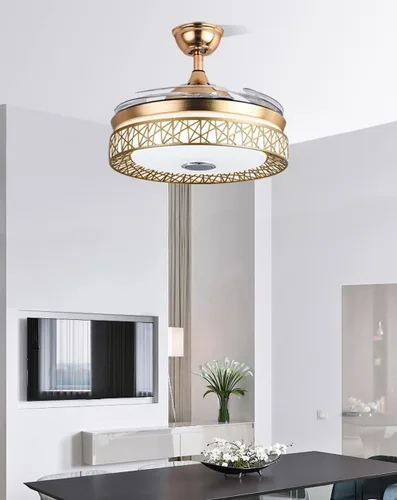 Vista 8 de Candelabro Bluetooth de 42 pulgadas con luces y control remoto, ventilador de techo moderno con cuchillas retráctiles, color dorado