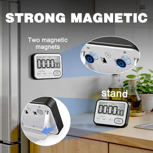 Vista 4 de Temporizador de cocina digital magnético con alarma potente, pantalla LCD grande silenciosa/con pitido, multifunción para maestros, aula, niños