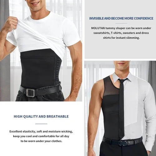 Vista 5 de Camisetas de compresión para hombre, faja moldeadora de pecho, control de abdomen, adelgazante, camiseta interior para entrenamiento, camiseta sin