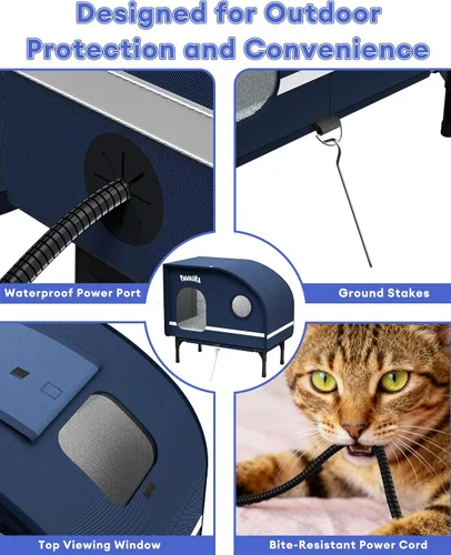 Vista 7 de Casa climatizada para gatos resistente a la intemperie para gatos al aire libre, refugio grueso estilo cámper con almohadilla térmica termostática