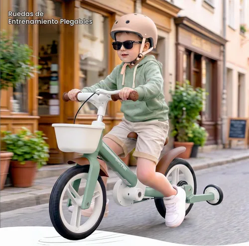 Vista 4 de Bicicleta de equilibrio 6 en 1 para niños pequeños con mango de empuje y Verde