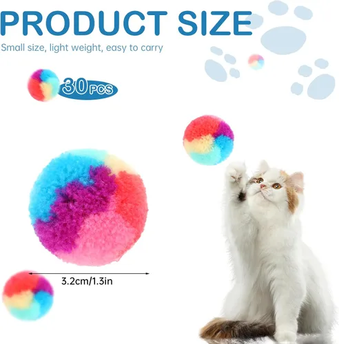 Vista 6 de KALIONE 30 piezas bolas de peluche suave para gatos de 1.2 pulgadas, bolas de juguete arcoíris para gatos, bolas peludas para gatitos, bolas