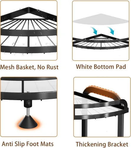 Vista 4 de Organizador de mostrador de baño negro XL, organizador de baño de 2 niveles, almacenamiento de cocina de esquina de gran capacidad, bandeja