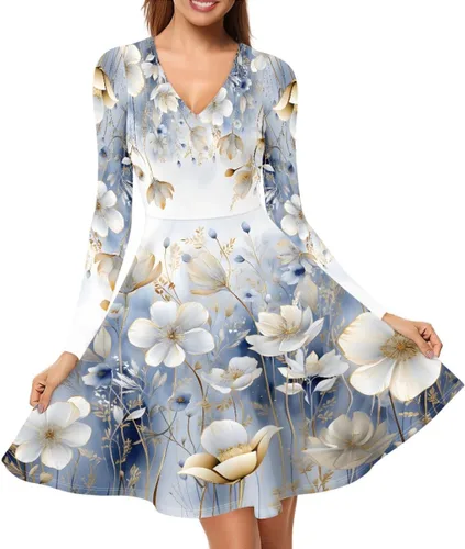 Vista 3 de GLUDEAR Vestido de manga larga con cuello en V y volantes con estampado 3D de Van Gogh para mujer