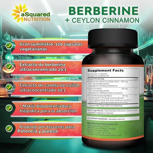 Vista 6 de aSquared Nutrition Suplemento de Berberina con Canela de Ceilán - Complejo de Máxima Potencia de 1400mg - 120 Cápsulas - Extracto en Polvo HCl