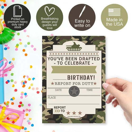 Vista 4 de 25 invitaciones de cumpleaños para niños, invitaciones de fiesta temática Camuflaje