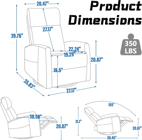 Vista 2 de Silla reclinable con masaje y calor, silla reclinable giratoria con respaldo alto, sillones reclinables manuales Lazy Boy para adultos, silla