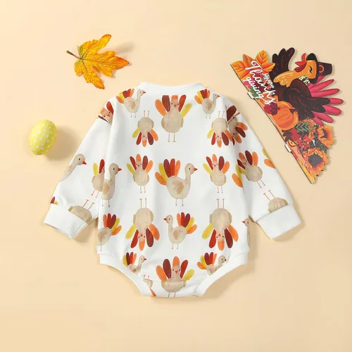 Vista 6 de FYBITBO Thanksgiving Baby Girl Boy Outfit Turkey Pullover Sweatshirt Romper Long Sleeve Onesie Cute Fall Clothes Mameluco Tukey Beige