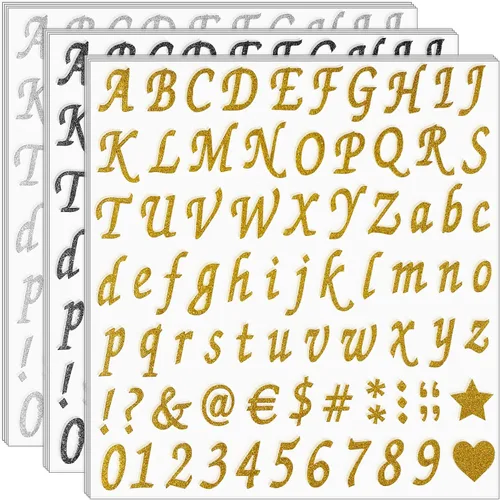 Vista 9 de 12 hojas de calcomanías de letras con purpurina, calcomanías autoadhesivas de números del alfabeto, calcomanías de letras y números para negro