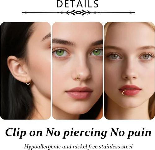 Vista 4 de D.Bella Piercing falso de 0.71 oz para labio sintético, septum y nariz, 0.31 pulgadas Dorado