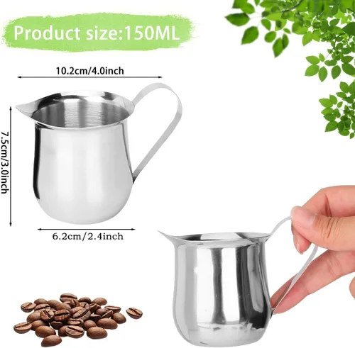 Vista 4 de Rolin Roly Jarra de espuma de leche de 4.5 onzas de acero inoxidable, pequeña jarra de café en forma de campana para barista, capuchino, tazas