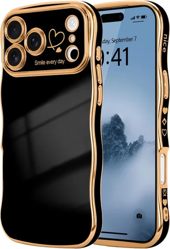 Vista 34 de LCHULLE - Funda para iPhone Air, linda para mujeres y niñas, con forma de onda, color azul bebé Luxury Plating Curly Wavy Frame with Love Heart