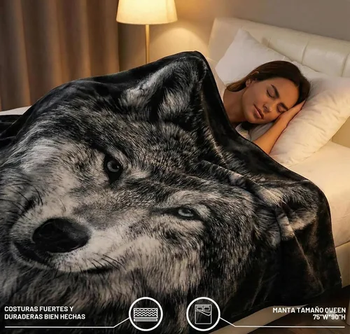 Vista 2 de Manta con diseño de lobo, 3.5 libras, ultra suave, de felpa, cálida