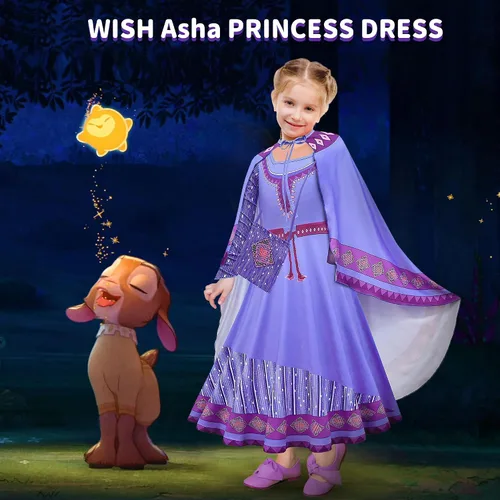 Vista 6 de Tibeha Wish Movie Asha Princess Costume for Girls, Kids Cosplay Christmas Party Dress Up Outfits